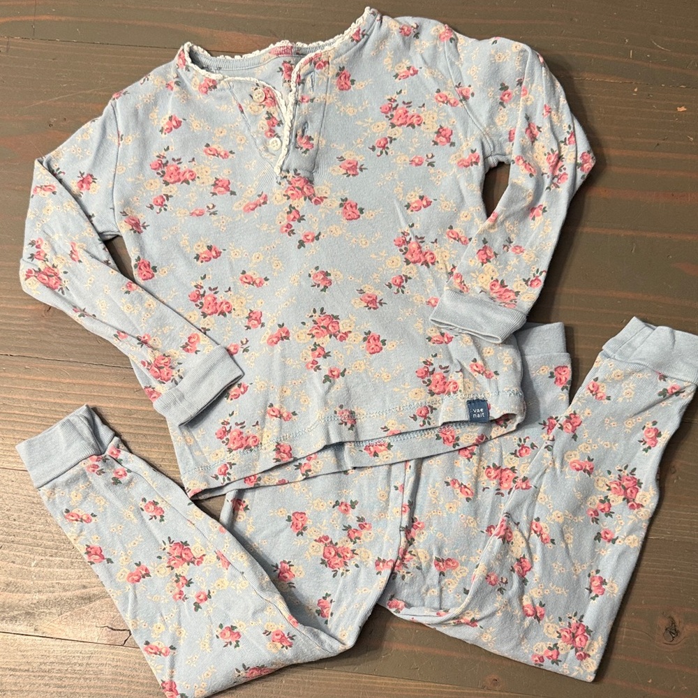 Floral Kids Pajama Set - Blue with Pink Accents